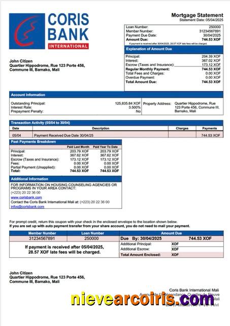 Mali Coris Bank International Mali mortgage statement Word and PDF template